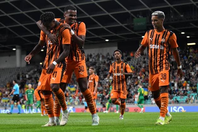 Ljubljana, Slovenia, July 10th 2025: Team Shakhtar celebrate score during the UEFA Europa League, First qualifying round, 1st leg, match between Shakhtar Donetsk (Ukraine) and Ilves Tampere (Finland) at Stadium Stozice, Ljubljana, Slovenia. (Natasa Kupljenik SPP) Copyright: xNatasaxKupljenikx xSPPx SPP_1006228