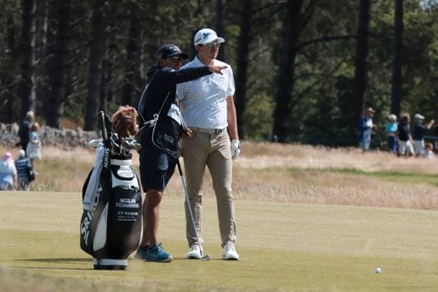UK: The Genesis Scottish Open at The Renaissance Club, North Berwick, Scotland on 10 July 2025: Pictured: Nico Echavarria (Columbia) with his caddie Fabian Azcarate on the 18th fairway during the first round of the Genesis Scottish Open 2025 at The Renaissance Club, North Berwick, Scotland North Berwick The Renaissance Club Scotland Copyright: xAlexxToddx