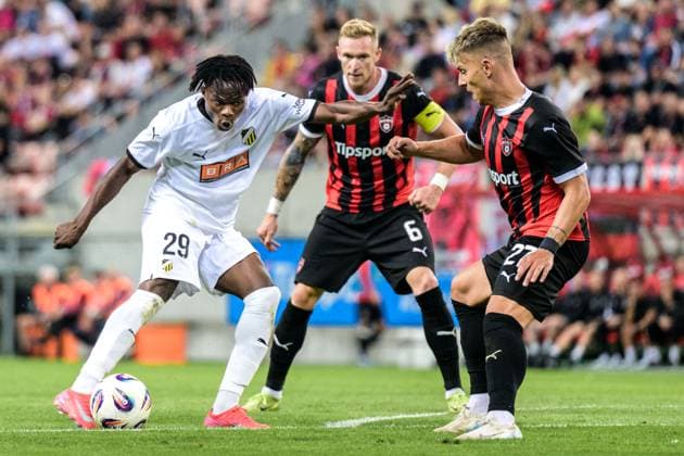 250710 Severin Nioule of Häcken and Roman Prochazka and Michal Tomic of Spartak Trnava during the UEFA Europa League qualifier football match between Spartak Trnava and Häcken on July 10, 2025 in Trnava Photo Mathilda Schuler BILDBYRAN kod MA MA0843 fotboll football soccer fotball uefa europa league europa league spartak trnava häcken bbeng  Copyright: MATHILDAxSCHULER BB250710MA151