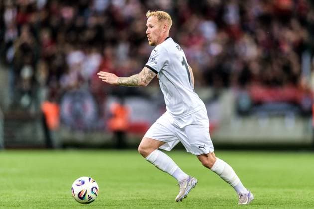 250710 Mikkel Rygaard Jensen of Häcken during the UEFA Europa League qualifier football match between Spartak Trnava and Häcken on July 10, 2025 in Trnava Photo Mathilda Schuler BILDBYRAN kod MA MA0843 fotboll football soccer fotball uefa europa league europa league spartak trnava häcken bbeng  Copyright: MATHILDAxSCHULER BB250710MA163
