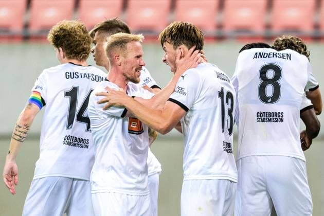 250710 Mikkel Rygaard Jensen and Sigge Jansson of Häcken celebrate 0 1 by Severin Nioule of Häcken not in picture during the UEFA Europa League qualifier football match between Spartak Trnava and Häcken on July 10, 2025 in Trnava Photo Mathilda Schuler BILDBYRAN kod MA MA0843 fotboll football soccer fotball uefa europa league europa league spartak trnava häcken bbeng jubel  Copyright: MATHILDAxSCHULER BB250710MA166