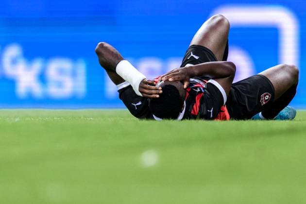 250710 Patrick Nwadike of Spartak Trnava during the UEFA Europa League qualifier football match between Spartak Trnava and Häcken on July 10, 2025 in Trnava Photo Mathilda Schuler BILDBYRAN kod MA MA0843 fotboll football soccer fotball uefa europa league europa league spartak trnava häcken bbeng  Copyright: MATHILDAxSCHULER BB250710MA184