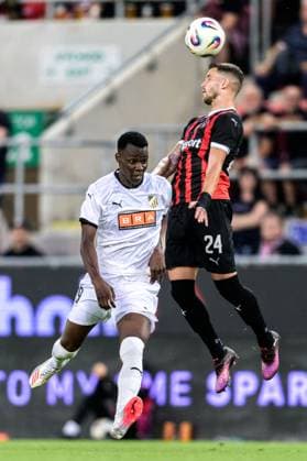 250710 John Paul Dembe of Häcken and Kristian Kostrna of Spartak Trnava during the UEFA Europa League qualifier football match between Spartak Trnava and Häcken on July 10, 2025 in Trnava Photo Mathilda Schuler BILDBYRAN kod MA MA0843 fotboll football soccer fotball uefa europa league europa league spartak trnava häcken bbeng  Copyright: MATHILDAxSCHULER BB250710MA186