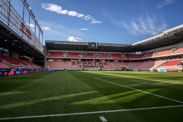 250710 General view of Anton Malatinsky Stadium ahead of the UEFA Europa League qualifier football match between Spartak Trnava and Häcken on July 10, 2025 in Trnava Photo Mathilda Schuler BILDBYRAN kod MA MA0843 fotboll football soccer fotball uefa europa league europa league spartak trnava häcken bbeng interiör  Copyright: MATHILDAxSCHULER BB250710MA199
