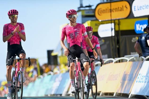 112th Tour de France 2025 - Stage 6 VIRE NORMANDIE, FRANCE - JULY 10: Alex Baudin of France, Neilson Powless of The United States and Harry Sweeny of Australia and Team EF Education - EasyPost celebrate the victory of his teammate Ben Healy of Ireland and Team EF Education - EasyPost during the 112th Tour de France, Stage 6 a 201.5km stage from Bayeux to Vire Normandie UCIWT on July 10, 2025 in Vire Normandie, France. France.Photo by Franck Castel ABACAPRESS.COM Vire France  Copyright: xCastelxFranck ABACAx