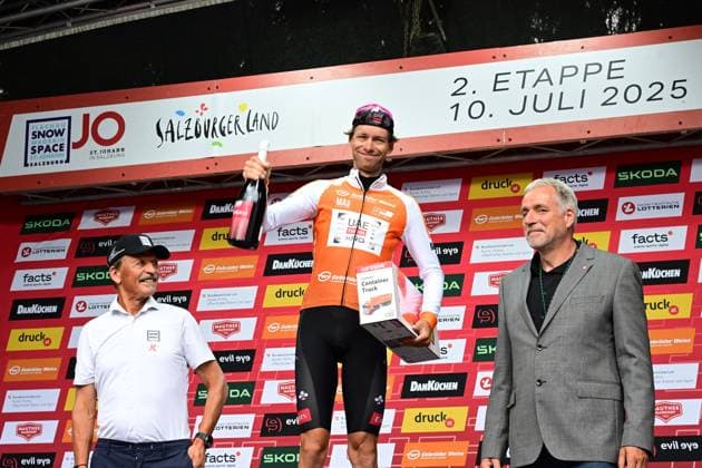 10 07 2025, St Johann, AUT, Tour of Austria 2025, Stage 2 from Bischofshofen to St Johann in Salzburg 142,1 km , pictured In the orange jersey of the best Austrian Felix Grossschartner AUT, UAE Team Emirates XRG In the orange jersey of the best Austrian Felix Grossschartner AUT, UAE Team Emirates XRG during the stage 2 from Bischofshofen to St Johann in Salzburg 142,1 km of the Tour of Austria in St Johann, Austria on 2025 07 10 Expa St Johann EP_rei