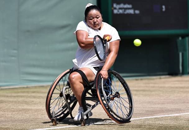 LONDON, ENGLAND - JULY 11: Wang Ziying of China competes against Kgothatso Montjane of South Africa during the Ladies Wheelchair Singles Semifinal match on day twelve of 2025 Wimbledon Championships at All England Lawn Tennis and Croquet Club on July 11, 2025 in London, England.  Copyright: xVCGx 111579023610