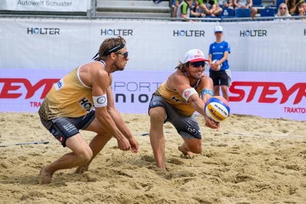 Beach volleyball, Beachvolleyball - Pro Beach Battle Masters SEEWALCHEN,AUSTRIA,11.JUL.25 - BEACH VOLLEYBALL - Beach Volleyball Tour PRO, Pro Beach Battle Masters Litzlberg. Image shows Florian Schnetzer and Felix Friedl (AUT).  GEPAxpictures xDanielaxMoser