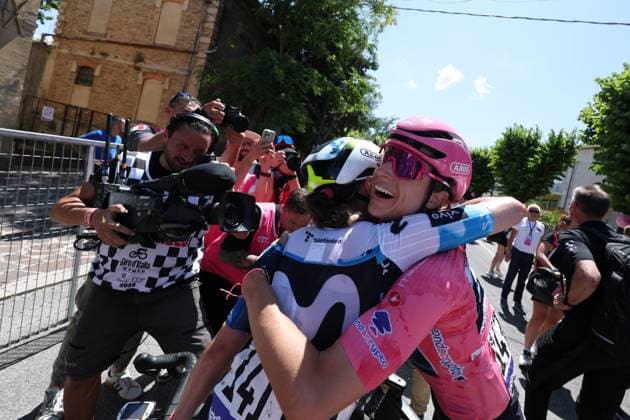 Movistar Team™s Lippert Liane stage winner and Marlen Reusser (Movistar Team) during the 6th stage of the Giro d™Italia Women, from Bellaria-Igea Marina to Terre Roveresche, Italy Friday, July 11, 2025. - cycling .  Copyright: xAlessandroxGarofalo LaPressex
