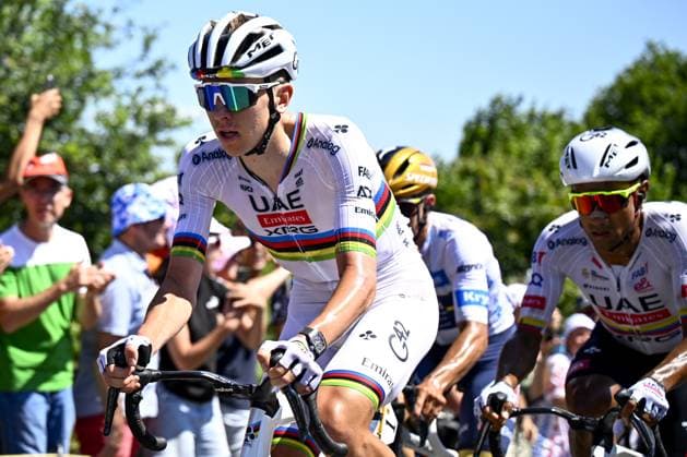 Slovenian Tadej Pogacar of UAE Team Emirates pictured in action during stage seven of the 2025 Tour de France cycling, from Saint-Malo to Mur-de-Bretagne (194 km), on Friday 11 July 2025 in France. The 112th edition of the Tour de France starts on Saturday 5 July in Lille, France, and will finish in Paris, France on the 27th of July. JASPERxJACOBS  x128903294x