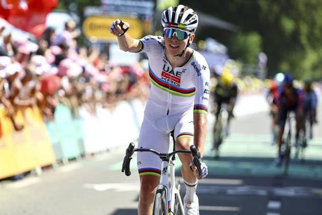 Slovenian Tadej Pogacar of UAE Team Emirates pictured in action during stage seven of the 2025 Tour de France cycling, from Saint-Malo to Mur-de-Bretagne (194 km), on Friday 11 July 2025 in France. The 112th edition of the Tour de France starts on Saturday 5 July in Lille, France, and will finish in Paris, France on the 27th of July. DAVIDxPINTENS  x128903353x