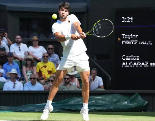 Tennis - 2025 Wimbledon Championships - Mens Semi Final - Taylor Fritz v Carlos Alcaraz All England Lawn Tennis & Croquet Club - Friday 11th July 2025 Carlos Alcaraz of Spain 