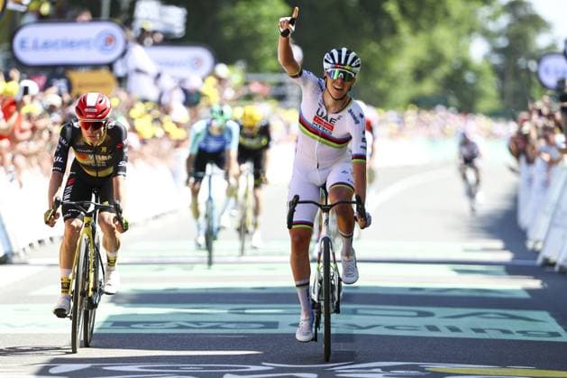 Slovenian Tadej Pogacar of UAE Team Emirates celebrates after winning stage seven of the 2025 Tour de France cycling, from Saint-Malo to Mur-de-Bretagne (194 km), on Friday 11 July 2025 in France. The 112th edition of the Tour de France starts on Saturday 5 July in Lille, France, and will finish in Paris, France on the 27th of July. DAVIDxPINTENS  x128904883x