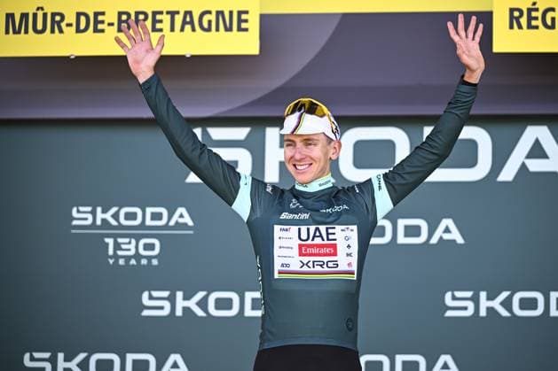 Slovenian Tadej Pogacar of UAE Team Emirates celebrates in the green jersey of leader in the points ranking after stage seven of the 2025 Tour de France cycling, from Saint-Malo to Mur-de-Bretagne (194 km), on Friday 11 July 2025 in France. The 112th edition of the Tour de France starts on Saturday 5 July in Lille, France, and will finish in Paris, France on the 27th of July. JASPERxJACOBS  x128905089x