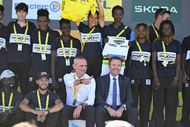 Tour de France 2025 Stage 7 MUR-DE-BRETAGNE GUERLEDAN, FRANCE - JULY 11 : Lappartient David presents the world road championships in Rwanda during stage 7 of the 112th edition of Tour de France an UCI World Tour 2.UWT cycling road race stage for Men Elite of 194 km with start in Saint-Malo and finish in Mur-de-Bretagne Guerledan on July 11, 2025 in Mur-de-Bretagne Guerledan, France, 11 07 2025 ( Motordriver Kenny Verfaillie - Mur-de-Bretagne Guerledan France  Copyright: xJanxDexMeuleneirx