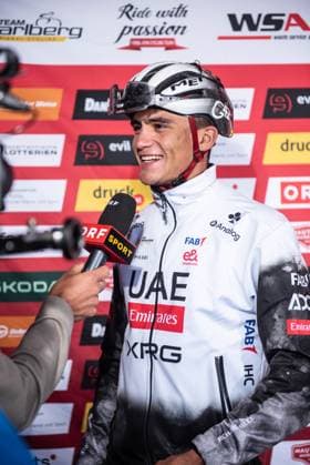 CYCLING - Tour of Austria 2025 SALZBURG,AUSTRIA,11.JUL.25 - CYCLING - Tour of Austria, stage 3, Salzburg - Salzburg. Image shows Isaac Del Toro (MEX - UAE TEAM EMIRATES XRG) during an interview.  GEPAxpictures xJulioxArrelano