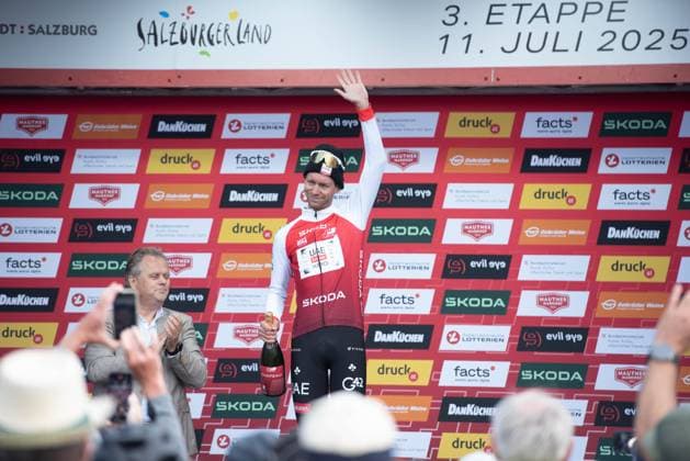 CYCLING - Tour of Austria 2025 SALZBURG,AUSTRIA,11.JUL.25 - CYCLING - Tour of Austria, stage 3, Salzburg - Salzburg. Image shows the rejoicing of Felix GROßSCHARTNER (AUT UAE TEAM EMIRATES XRG ). keywords: award ceremony.  GEPAxpictures xJulioxArrelano