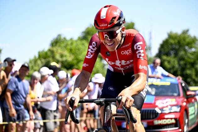 Belgian Jenno Berckmoes of Lotto Cycling Team pictured in action during stage seven of the 2025 Tour de France cycling, from Saint-Malo to Mur-de-Bretagne (194 km), on Friday 11 July 2025 in France. The 112th edition of the Tour de France starts on Saturday 5 July in Lille, France, and will finish in Paris, France on the 27th of July. JASPERxJACOBS  x128906722x