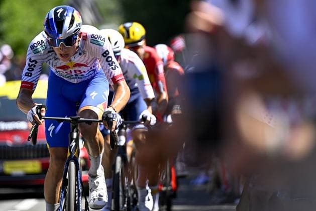 German Florian Lipowitz of RedBull-BORA-hansgrohe pictured in action during stage seven of the 2025 Tour de France cycling, from Saint-Malo to Mur-de-Bretagne (194 km), on Friday 11 July 2025 in France. The 112th edition of the Tour de France starts on Saturday 5 July in Lille, France, and will finish in Paris, France on the 27th of July. JASPERxJACOBS  x128906995x