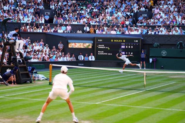 Novak Djokovic plays his final shot before defeat in his semi final match Wimbledon Tennis Championships, Day 12, The All England Lawn Tennis and Croquet Club, London, UK - 11 Jul 2025London The All England Lawn Tennis and United Kingdom  Copyright: xJavierxGarcia Shutterstockx 15392287ds