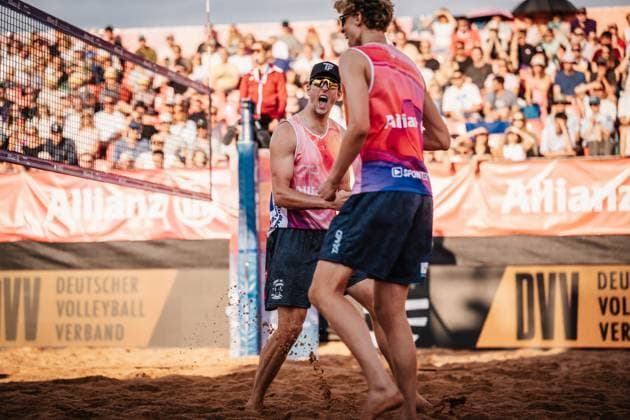 Beach volleyball men Allianz German Beach Tour 2025 Tourstop Munich 11 07 2025 v l Tristan Fröbel and Tamo Wüst cheer Munich Central University Sports Munich Bavaria Germany