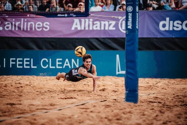 Beach volleyball men Allianz German Beach Tour 2025 Tourstop Munich 11 07 2025 Lui Wüst jumps to the ball Munich Central University Sports Munich Bavaria Germany