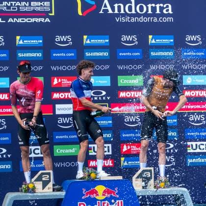 UCI Mountain Bike World Cup 2025 In Pal Arinsal, Andorra, on July 11, 2025, Luca Martin from France, Mathis Azzaro from France, the team Cannondale Factory Racing, and Martin Vidaurre Kossmann from Chile stand on the podium in the CROSS-COUNTRY SHORT TRACK Men Elite during the UCI Mountain Bike World Cup Andorra 2025. Pal Andorra  Copyright: xMartinxSilvaxCosentinox originalFilename:silvacosentino-lucamart250711_npnig.jpg
