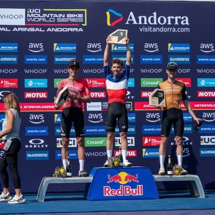 UCI Mountain Bike World Cup 2025 In Pal Arinsal, Andorra, on July 11, 2025, Luca Martin from France, Mathis Azzaro from France, the team Cannondale Factory Racing, and Martin Vidaurre Kossmann from Chile stand on the podium in the CROSS-COUNTRY SHORT TRACK Men Elite during the UCI Mountain Bike World Cup Andorra 2025. Pal Andorra  Copyright: xMartinxSilvaxCosentinox originalFilename:silvacosentino-lucamart250711_npryS.jpg