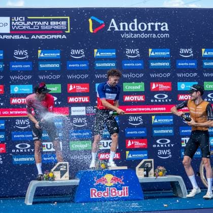 UCI Mountain Bike World Cup 2025 In Pal Arinsal, Andorra, on July 11, 2025, Luca Martin from France, Mathis Azzaro from France, the team Cannondale Factory Racing, and Martin Vidaurre Kossmann from Chile stand on the podium in the CROSS-COUNTRY SHORT TRACK Men Elite during the UCI Mountain Bike World Cup Andorra 2025. Pal Andorra  Copyright: xMartinxSilvaxCosentinox originalFilename:silvacosentino-lucamart250711_np4tI.jpg