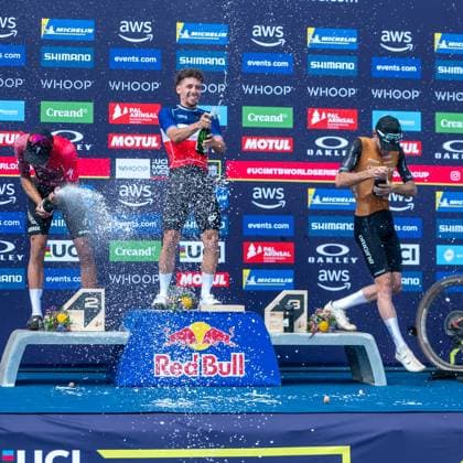 UCI Mountain Bike World Cup 2025 In Pal Arinsal, Andorra, on July 11, 2025, Luca Martin from France, Mathis Azzaro from France, the team Cannondale Factory Racing, and Martin Vidaurre Kossmann from Chile stand on the podium in the CROSS-COUNTRY SHORT TRACK Men Elite during the UCI Mountain Bike World Cup Andorra 2025. Pal Andorra  Copyright: xMartinxSilvaxCosentinox originalFilename:silvacosentino-lucamart250711_npG2M.jpg