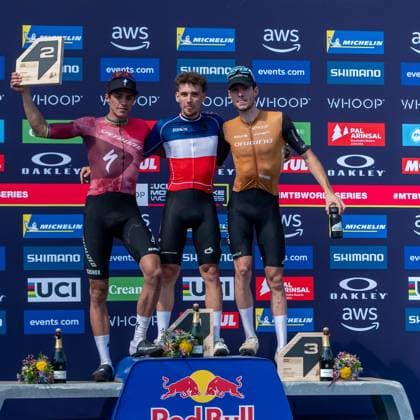 UCI Mountain Bike World Cup 2025 In Pal Arinsal, Andorra, on July 11, 2025, Luca Martin from France, Mathis Azzaro from France, the team Cannondale Factory Racing, and Martin Vidaurre Kossmann from Chile stand on the podium in the CROSS-COUNTRY SHORT TRACK Men Elite during the UCI Mountain Bike World Cup Andorra 2025. Pal Andorra  Copyright: xMartinxSilvaxCosentinox originalFilename:silvacosentino-lucamart250711_npP4P.jpg