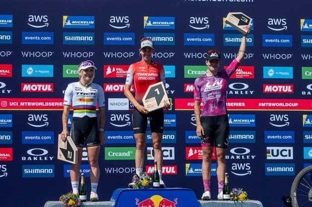 UCI Mountain Bike World Cup 2025 In Pal Arinsal, Andorra, on July 11, 2025, Ronja Blochilinger from Switzerland, Evie Richards from Great Britain, and Alessandra Keller from Switzerland stand on the podium in the CROSS-COUNTRY SHORT TRACK Men Elite during the UCI Mountain Bike World Cup Andorra 2025. Pal Andorra  Copyright: xMartinxSilvaxCosentinox originalFilename:silvacosentino-ronjablo250711_npfOU.jpg