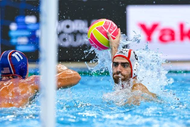 Ryder Dodd of USA, Bor Tanasijevic of Canada Canada v United States, Water polo, Wasserball Singapore 2025 World Aquatics Championships, OCBC Aquatic Centre, July 12, 2025, Singapore, Singapore.