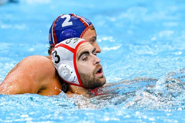 Jack Larsen of USA, Bogdan Djerkovic of Canada Canada v United States, Water polo, Wasserball Singapore 2025 World Aquatics Championships, OCBC Aquatic Centre, July 12, 2025, Singapore, Singapore.