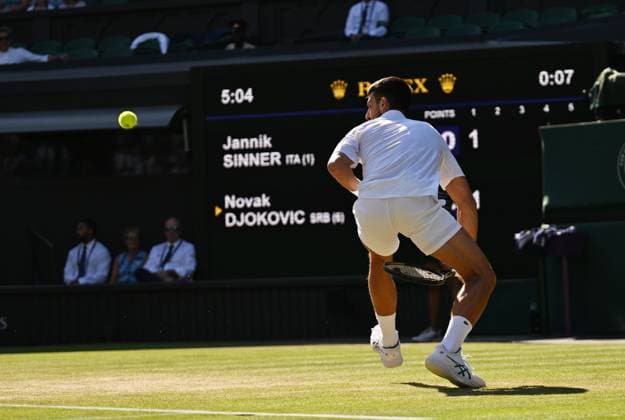 (250712) -- LONDON, July 12, 2025 -- Novak Djokovic hits a return during the men s singles semifinal match between Jannik Sinner of Italy and Novak Djokovic of Serbia at the Wimbledon Tennis Championships in London, Britain, July 11, 2025. ) (SP)BRITAIN-LONDON-TENNIS-WIMBLEDON-MEN S SINGLES ZhaoxDingzhe 