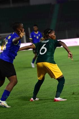 OUJDA, MOROCCO - JULY 11: Linda Noxolo Cesane of South Africa and Lidya Kabambo of Tanzania during the 2025 Women s Africa Cup of Nations (WAFCON) match between Tanzania and South Africa at Honor Stadium on July 11, 2025 in Oujda, Morocco. (Photo by Seyi Victor Gallo Images Copyright: xx
