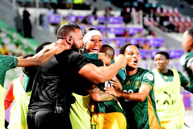 OUJDA, MOROCCO - JULY 11: Bambanani Mbane of South Africa celebrates goal with team mates during the 2025 Women s Africa Cup of Nations (WAFCON) match between Tanzania and South Africa at Honor Stadium on July 11, 2025 in Oujda, Morocco. (Photo by Seyi Victor Gallo Images Copyright: xx