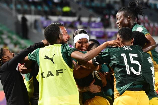 OUJDA, MOROCCO - JULY 11: Bambanani Mbane of South Africa celebrates goal with team mates during the 2025 Women s Africa Cup of Nations (WAFCON) match between Tanzania and South Africa at Honor Stadium on July 11, 2025 in Oujda, Morocco. (Photo by Seyi Victor Gallo Images Copyright: xx