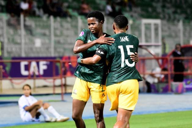 OUJDA, MOROCCO - JULY 11: Lebohang Ramalepe and Refiloe Jane of South Africa during the 2025 Women s Africa Cup of Nations (WAFCON) match between Tanzania and South Africa at Honor Stadium on July 11, 2025 in Oujda, Morocco. (Photo by Seyi Victor Gallo Images Copyright: xx
