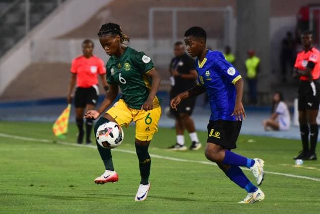 OUJDA, MOROCCO - JULY 11: Noxolo Cesane of Bambanani Mbane of South Africa Aisha Mnunka of Tanzania during the 2025 Women s Africa Cup of Nations (WAFCON) match between Tanzania and South Africa at Honor Stadium on July 11, 2025 in Oujda, Morocco. (Photo by Seyi Victor Gallo Images Copyright: xx
