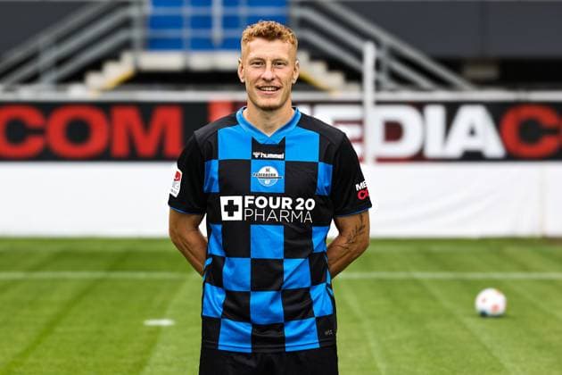 Laurin Curda, SC Paderborn 2 Soccer Bundesliga portrait appointment 2 BL 2025 2026 official photo appointment SC Paderborn in the Home Deluxe Arena in Paderborn portrait, portrait, single picture, Germany, soccer, men, GER, 11 07 2025 Christian Schroedter