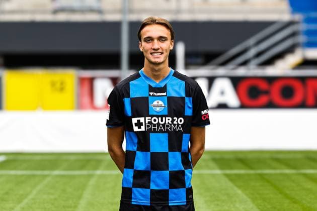 Luis Engelns, SC Paderborn 2 Soccer Bundesliga portrait appointment 2 BL 2025 2026 official photo appointment SC Paderborn in the Home Deluxe Arena in Paderborn portrait, portrait, single picture, Germany, soccer, men, GER, 11 07 2025 Christian Schroedter