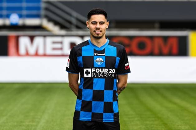 Raphael Obermair, SC Paderborn 2 Soccer Bundesliga portrait appointment 2 BL 2025 2026 official photo appointment SC Paderborn in the Home Deluxe Arena in Paderborn portrait, portrait, single picture, Germany, soccer, men, GER, 11 07 2025 Christian Schroedter