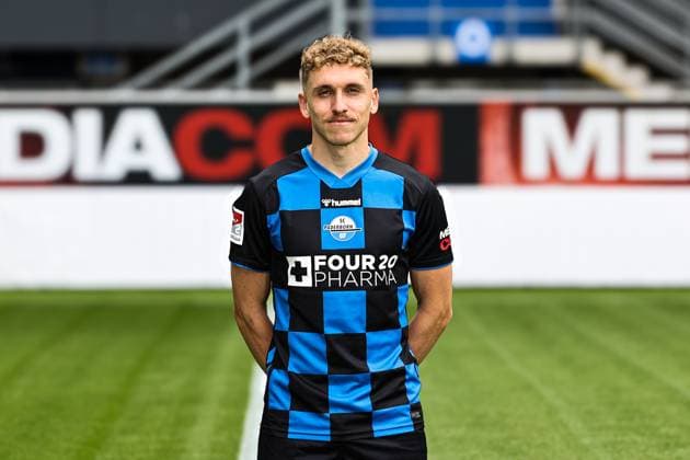 Luca Herrmann, SC Paderborn 2 Soccer Bundesliga portrait appointment 2 BL 2025 2026 official photo appointment SC Paderborn in the Home Deluxe Arena in Paderborn portrait, portrait, single picture, Germany, soccer, men, GER, 11 07 2025 Christian Schroedter