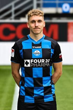 Luca Herrmann, SC Paderborn 2 Soccer Bundesliga portrait appointment 2 BL 2025 2026 official photo appointment SC Paderborn in the Home Deluxe Arena in Paderborn portrait, portrait, single picture, Germany, soccer, men, GER, 11 07 2025 Christian Schroedter