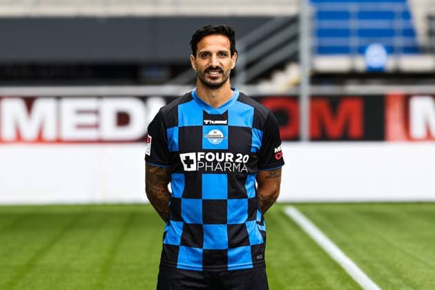 Adriano Grimaldi, SC Paderborn 2 Soccer Bundesliga portrait appointment 2 BL 2025 2026 official photo appointment SC Paderborn in the Home Deluxe Arena in Paderborn portrait, portrait, single picture, Germany, soccer, men, GER, 11 07 2025 Christian Schroedter