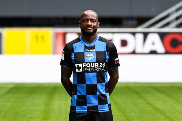 David Kinsombi, SC Paderborn 2 Soccer Bundesliga portrait appointment 2 BL 2025 2026 official photo appointment SC Paderborn in the Home Deluxe Arena in Paderborn portrait, portrait, single picture, Germany, soccer, men, GER, 11 07 2025 Christian Schroedter