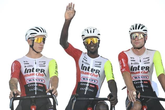 Tour de France 2025 Stage 8 LAVAL ESPACE MAYENNE, FRANCE - JULY 12 : Girmay Biniam (ERI) of Intermarche - Wanty on stage before the start of the race during stage 8 of the 112th edition of Tour de France an UCI World Tour 2.UWT cycling road race stage for Men Elite of 174 km with start in Saint-Meen-le-Grand and finish in Laval Espace Mayenne on July 12, 2025 in Laval Espace Mayenne, France, 12 07 2025 ( Motordriver Kenny Verfaillie - Laval Espace Mayenne France  Copyright: xJanxDexMeuleneirx