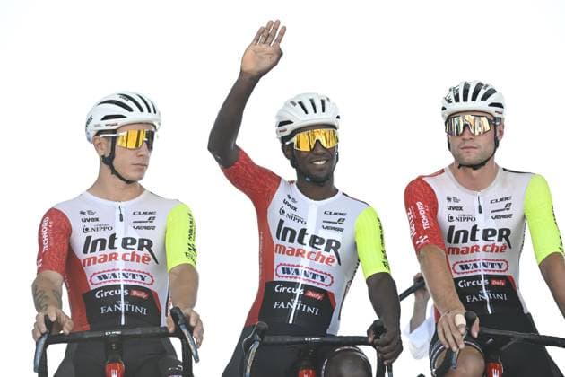 Tour de France 2025 Stage 8 LAVAL ESPACE MAYENNE, FRANCE - JULY 12 : Girmay Biniam (ERI) of Intermarche - Wanty on stage before the start of the race during stage 8 of the 112th edition of Tour de France an UCI World Tour 2.UWT cycling road race stage for Men Elite of 174 km with start in Saint-Meen-le-Grand and finish in Laval Espace Mayenne on July 12, 2025 in Laval Espace Mayenne, France, 12 07 2025 ( Motordriver Kenny Verfaillie - Laval Espace Mayenne France  Copyright: xJanxDexMeuleneirx