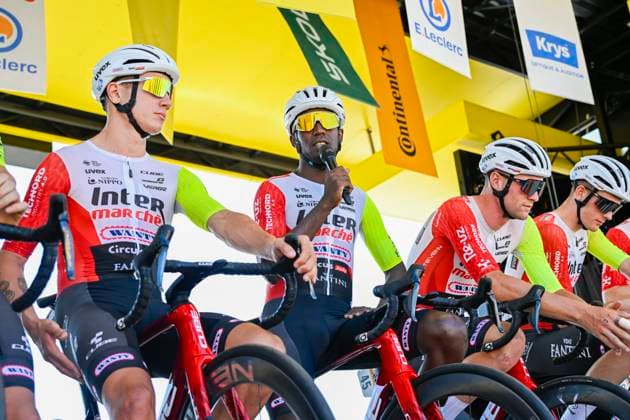 Tour de France 2025 Stage 8 LAVAL ESPACE MAYENNE, FRANCE - JULY 12 : Girmay Biniam (ERI) of Intermarche - Wanty on stage before the start of the race during stage 8 of the 112th edition of Tour de France an UCI World Tour 2.UWT cycling road race stage for Men Elite of 174 km with start in Saint-Meen-le-Grand and finish in Laval Espace Mayenne on July 12, 2025 in Laval Espace Mayenne, France, 12 07 2025 ( Motordriver Kenny Verfaillie - Laval Espace Mayenne France  Copyright: xJanxDexMeuleneirx